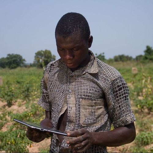 A farmer using a tablet device