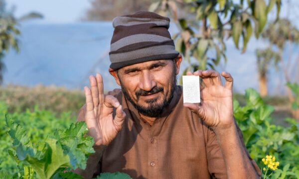 A farmer in Pakistan shows a trichogramma card