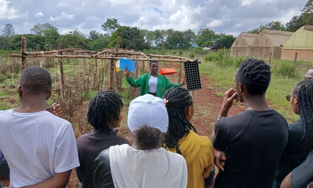 Mercy, conducting a plant health demonstration to farmers