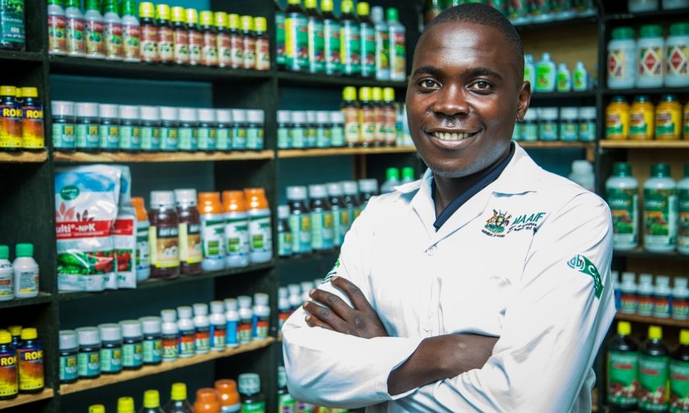 Seryazi, an agro-input dealer, in his shop