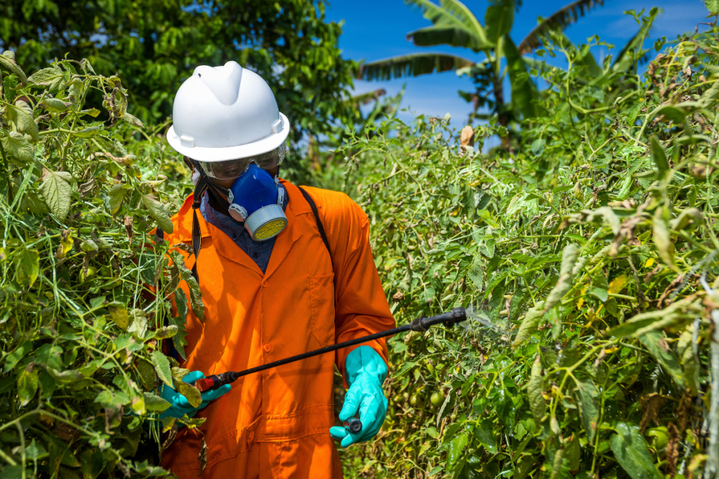 a spray service provider in Uganda wearing orange PPE and spraying crops